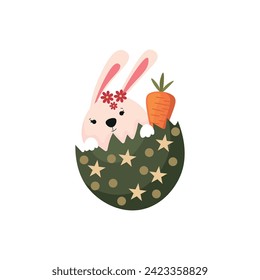 Cute Easter bunny with carrot and egg shell on white background