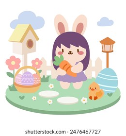 Cute Easter Bunny with Carrot and Eggs. Springtime Illustration. Adorable Bunny in Garden with Easter Eggs. Kawaii Pastel Art. Bunny and Chick with Easter Basket.