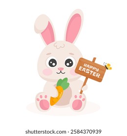 Cute easter bunny with carrot and happy easter sign. Vector holiday illustration isolated