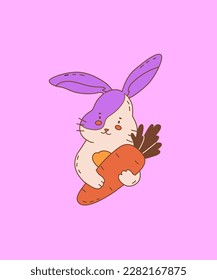 Cute Easter bunny with carrot. Illustration for the decoration of the spring holiday Easter. Christian symbol of the rebirth of life after death. Vector illustration.