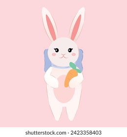 Cute Easter bunny with carrot on pink background