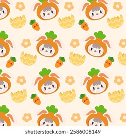 Cute Easter Bunny Carrot Pattern for Kids and Spring Designs. A kawaii cute seamless pattern featuring kawaii style bunnies in carrot costumes, Easter eggs, and flowers.