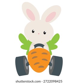 Conejito de Pascua lindo en la ilustración de dibujos animados de Vector de coche de carrera de zanahoria