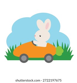 Conejito de Pascua lindo en la ilustración de dibujos animados de Vector de coche de carrera de zanahoria