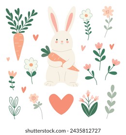 Cute Easter bunny with carrots, flowers, hearts. Easter holiday design. Flat hand drawn style.