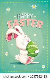 Cute easter bunny carrying a big green egg, on a green background with flowers. vector illustration