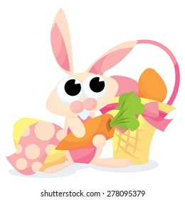 Cute easter bunny carrying gifts cartoon vector illustration.