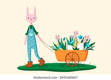 Cute Easter bunny with cart, eggs, flowers, plants. Happy easter. Template for card, textile, banner, poster, paper. Vector illustration in modern style.