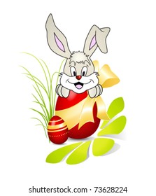 Cute Easter bunny cartoon with Easter egg, flower and grass - cute smiling rabbit - vector, eps10