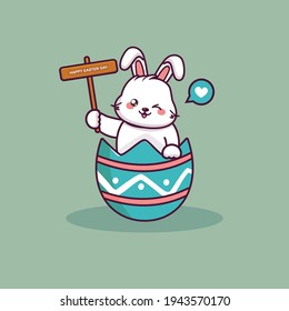 cute easter bunny cartoon holding easter day banner with egg