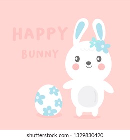 Cute Easter bunny cartoon Rabbit Vector with flower cartoon (Easter day): Easter eggs. Eggs hunt. Cartoon character kawaii design- Illustration Perfect for kid's greeting card design and Print.