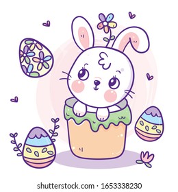 Cute Ostersonnige Cartoon, Kanincheneier Vektorillustration (Kawaii-Tier): Serie Feiertagsfest, Illustration der kleinen pastellfarbenen Magie lieben Kinder Nurserie Dekoration, handgezeichnet. Perfekt für die Kindergrußkarte.