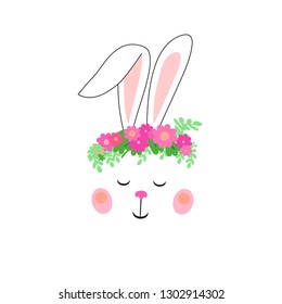 Cute easter bunny cartoon style vector illustration, hand drawn face of bunny in a wreath of flowers. White rabbit muzzle , Isolated on a white background.All objects are separated.