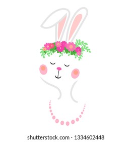 Cute easter bunny cartoon style vector illustration, hand drawn face of bunny in a wreath of flowers. White rabbit muzzle , Isolated on a white background.All objects are separated.