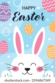 Cute Easter bunny in cartoon style. Colourful greeting card. Vector illustration
