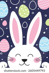 Cute Easter bunny in cartoon style. Colourful greeting card. Vector illustration