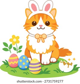 Cute Easter bunny cat sitting on grass with decorated eggs and spring flowers. Flat vector illustration on white background.