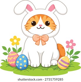 Cute Easter bunny cat sitting on grass surrounded by decorated eggs and spring flowers. Flat vector illustration on white background.