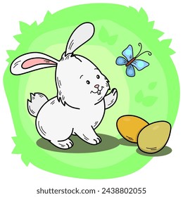 Cute Easter bunny catching a flying butterfly