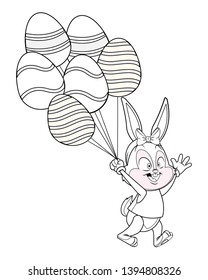 Cute easter bunny celebration egg ballons isolated black and white
