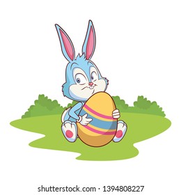 Cute easter bunny celebration holding egg  nature background bushes