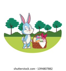 Cute easter bunny celebration nature trees background round frame