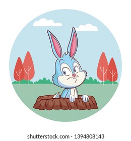 Cute easter bunny celebration rabbit hole  spring nature background trees