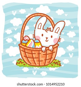Cute Easter Bunny character with colored eggs on background with blue clouds. Happy Easter. Hand drawn art illustration in vector cartoon style for greeting card, poster, decoration, print