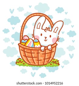 Cute Easter Bunny character with colored eggs on background with blue clouds. Happy Easter. Hand drawn art illustration in vector cartoon style for greeting card, poster, decoration, print