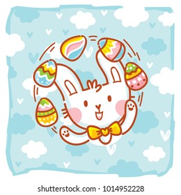 Cute Easter Bunny character with colored eggs on background with blue clouds. Happy Easter. Hand drawn art illustration in vector cartoon style for greeting card, poster, decoration, print