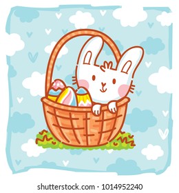 Cute Easter Bunny character with colored eggs on background with blue clouds. Happy Easter. Hand drawn art illustration in vector cartoon style for greeting card, poster, decoration, print