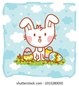 Cute Easter Bunny character with colored eggs on background with blue clouds. Happy Easter. Hand drawn art illustration in vector cartoon style for greeting card, poster, decoration, print