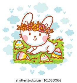 Cute Easter Bunny character with colored eggs on background with blue clouds. Happy Easter. Hand drawn art illustration in vector cartoon style for greeting card, poster, decoration, print