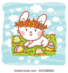 Cute Easter Bunny character with colored eggs on background with blue clouds. Happy Easter. Hand drawn art illustration in vector cartoon style for greeting card, poster, decoration, print