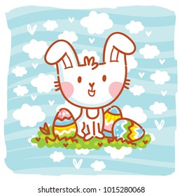 Cute Easter Bunny character with colored eggs on background with blue clouds. Happy Easter. Hand drawn art illustration in vector cartoon style for greeting card, poster, decoration, print