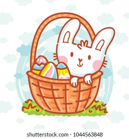 Cute Easter Bunny character with colored eggs on blue clouds background. Happy Easter. Hand drawn holiday art in vector cartoon style for greeting card, poster, banner, invitation, decoration, print