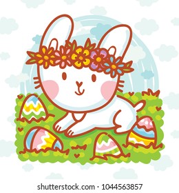 Cute Easter Bunny character with colored eggs on blue clouds background. Happy Easter. Hand drawn holiday art in vector cartoon style for greeting card, poster, banner, invitation, decoration, print