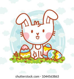 Cute Easter Bunny character with colored eggs on blue clouds background. Happy Easter. Hand drawn holiday art in vector cartoon style for greeting card, poster, banner, invitation, decoration, print