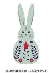 Cute Easter bunny character on white background. Green bunny in Scandinavian style. Hand drawn forest hare. Holiday flat vector isolated illustration.