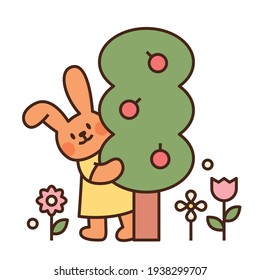 Cute easter bunny character. A rabbit holding an apple tree. flat design style minimal vector illustration.