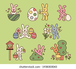 Cute easter bunny character. Cute rabbits in the forest are celebrating Easter. flat design style minimal vector illustration.