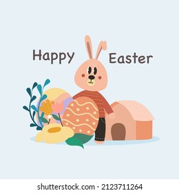 süßer Osterhase Cute Kaninchen im Wald haben Spaß zu feiern Ostern. Minimale Vektorgrafik, flacher Designstil.
