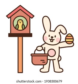 Cute easter bunny character. The white rabbit is holding a basket of eggs and giving it to the bird. flat design style minimal vector illustration.