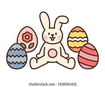 Cute easter bunny character. White rabbit and patterned Easter eggs. flat design style minimal vector illustration.