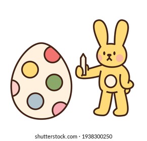 Cute easter bunny character. The yellow rabbit is decorating eggs with colored pencils. flat design style minimal vector illustration.