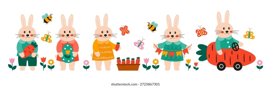 Bonito coelho de Páscoa personagens jardinagem, regando flores, dirigindo carro de cenoura, cena de férias de primavera, animais de desenho animado divertido. Feliz celebração de Páscoa.