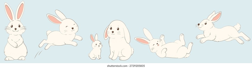 Personagens Bonitos de Coelhinho de Páscoa Definidos em Poses Diferentes para Creche, Design Infantil e Produtos para Bebês