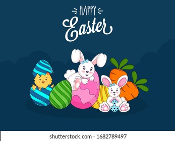 Cute Easter Bunny, Chick, Colorful Eggs, and Carrots on Teal Blue Background. Happy Easter. 