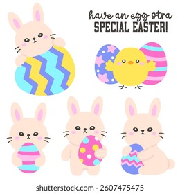 Cute Easter Bunny and Chick with Colorful Painted Eggs Vector Illustration
