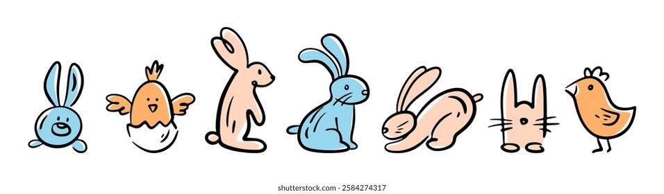 Cute Easter bunny and chick in egg shell. Vector isolated doodle personages for spring holiday greeting cards or stickers. Bird and chicken, hare and leaping rabbit. Decoration for festivity